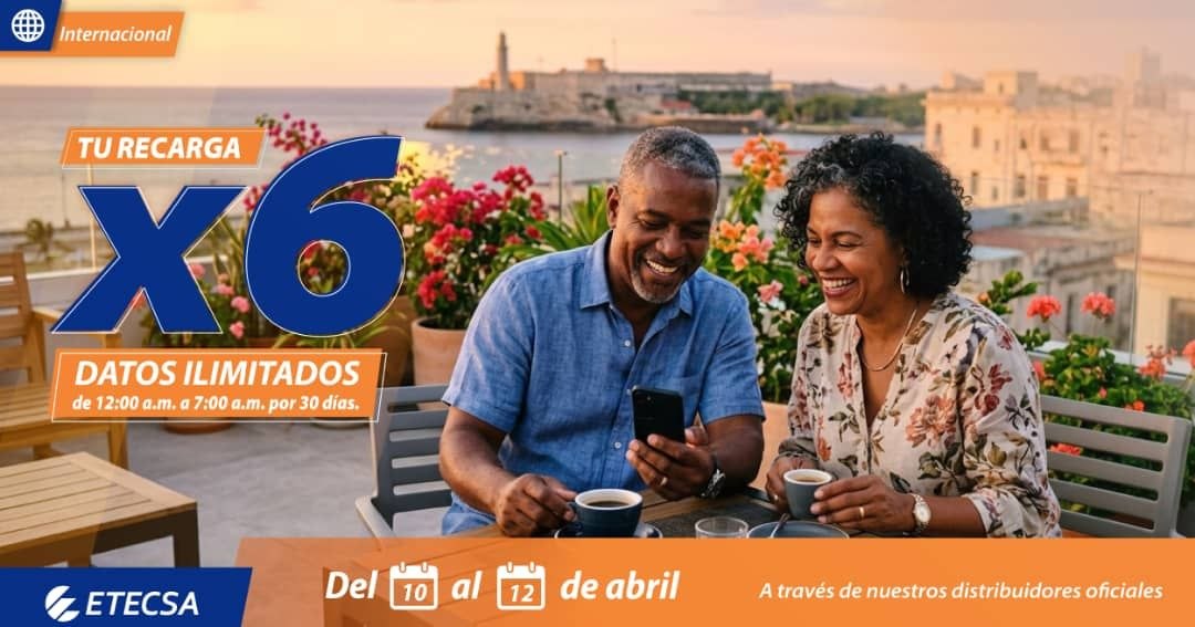 comcometecsa's tweet photo. 💥 ¡Prepárate para la promo internacional!
  Del 10 al 12 de abril
💸 Recarga: De 600CUP hasta 1250CUP.¡Multiplica el monto de tu recarga x6! + Datos ilimitados de 12:00 a.m. a 7:00 a.m. por 30 días!
🔗 Consulta todos los detalles y términos en: www.etecsa. https://t.co/o1GkuIKk4X