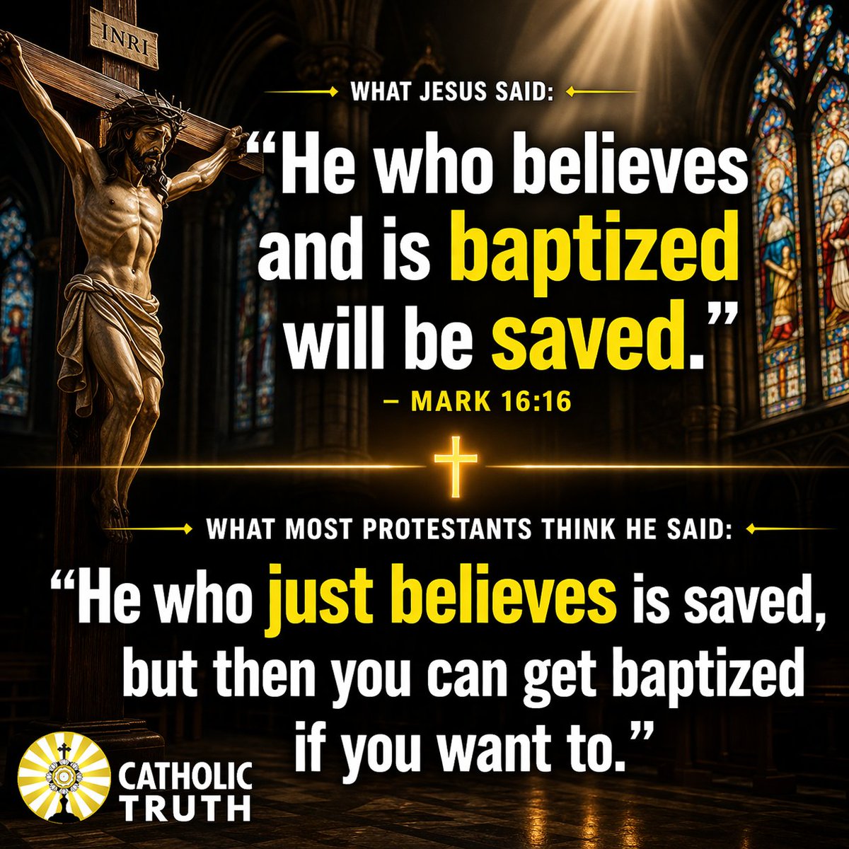 CatholicTruth7's tweet photo. Jesus did not say baptism is a symbol.
Jesus did not say baptism is optional.
Jesus did not say you can do it if you want to but you don't have to.
These are non-Catholic claims that contradict the bible. Jesus says believe and be baptized!
#catholictruth #baptismsaves https://t.co/GYgTrxVjob