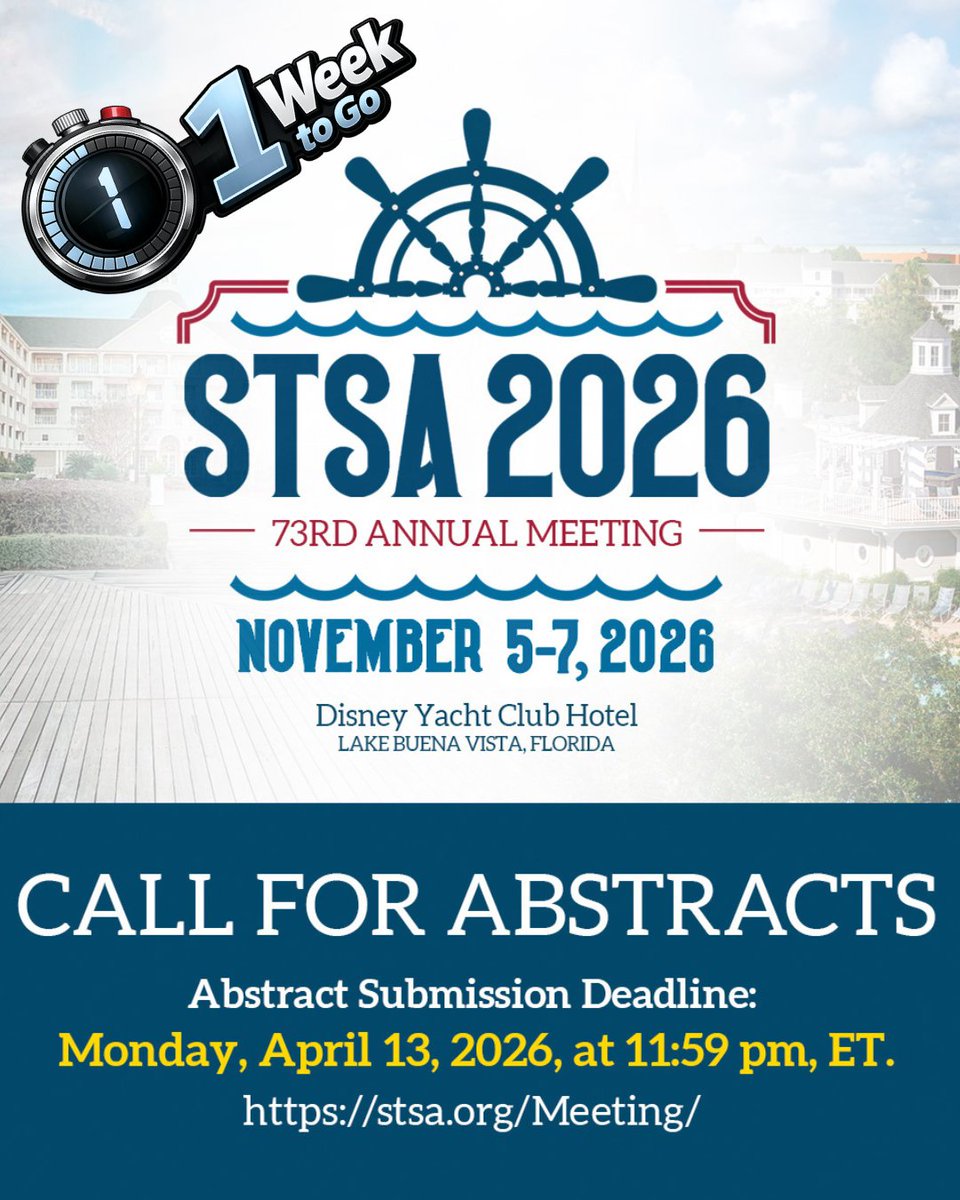 stsa1954's tweet photo. CALL FOR ABSTRACTS!!!

1 WEEK TO GO!

Welcome Everyone! The STSA 2026 annual meeting is around the corner....

Mark your calendars!

THE ABSTRACT SUBMISSION DEADLINE:
MONDAY, APRIL 13, 2026,
AT 11:59PM ET https://t.co/n7EH83Zb9K