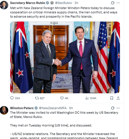 zqnjohn's tweet photo. @NewZealandMFA Funny enough Rubio's post came out on top of Winnies MFA post in my feed. Rubio says firstly it was about NZ selling off our rare  earth minerals - why no mention of that from Winnie?  NZ is being robbed and lied to #nzpol https://t.co/yLQHuAFXv0