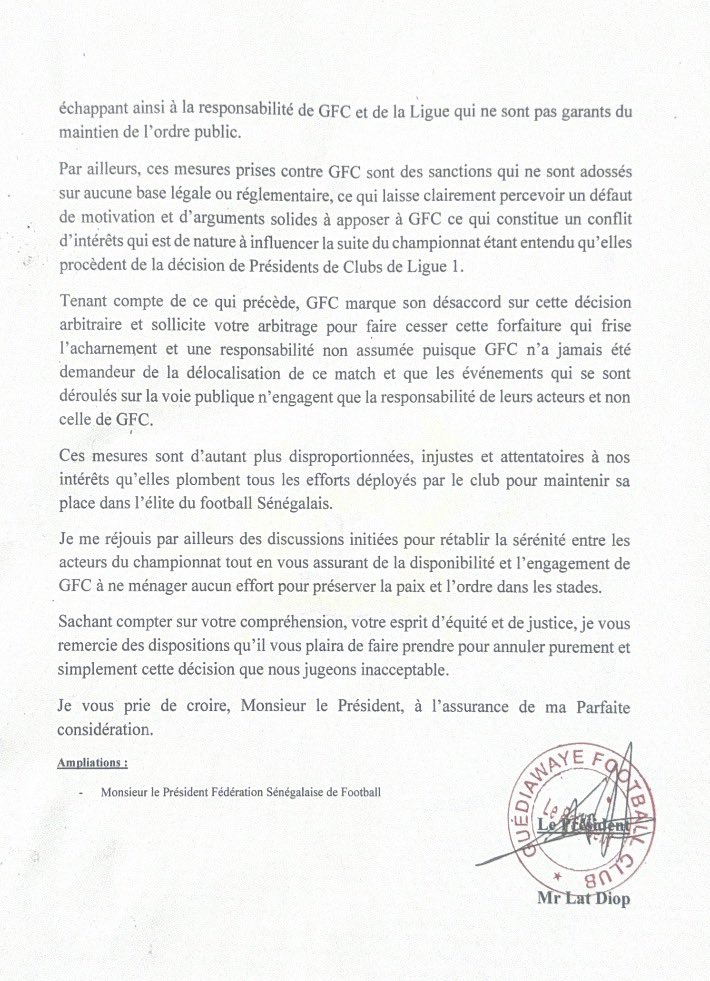 fc_guediawaye's tweet photo. Courrier adressé à la Ligue Professionnelle de Football par le Président du club Monsieur Lat Diop 👇

#guediawayefc #Ligue1SN #AllezLesCrabes https://t.co/No1YZDqUSb