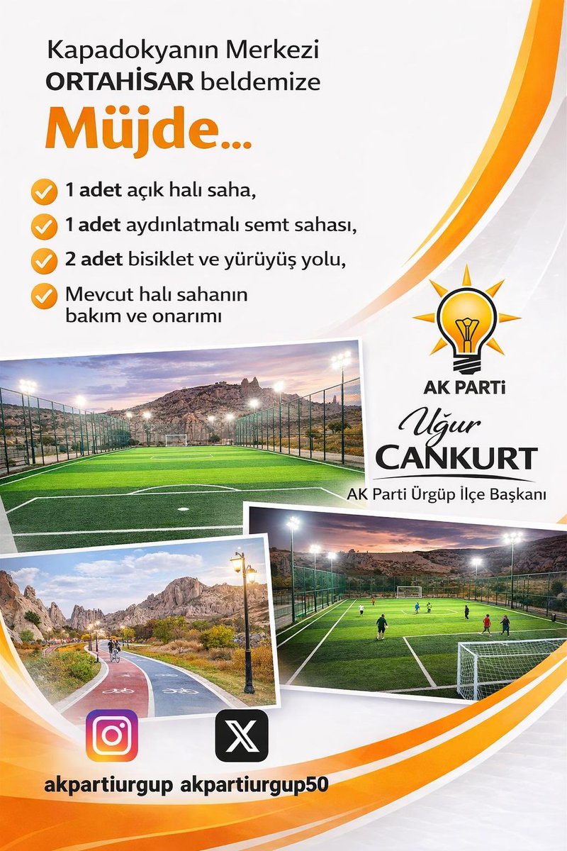 Kapadokya’nın Merkezi Ortahisar Beldemize Müjde !!

1 adet açık halı saha,
1 adet aydınlatmalı semt sahası,
2 adet bisiklet ve yürüyüş yolu,
Mevcut halı sahanın bakım ve onarımı;

Yatırımları ile alakalı Gençlik ve Spor Bakanımız Osman Aşkın BAK’tan söz alındı.

<a href="/mustafaates76/">Mustafa ATEŞ 🇹🇷</a>