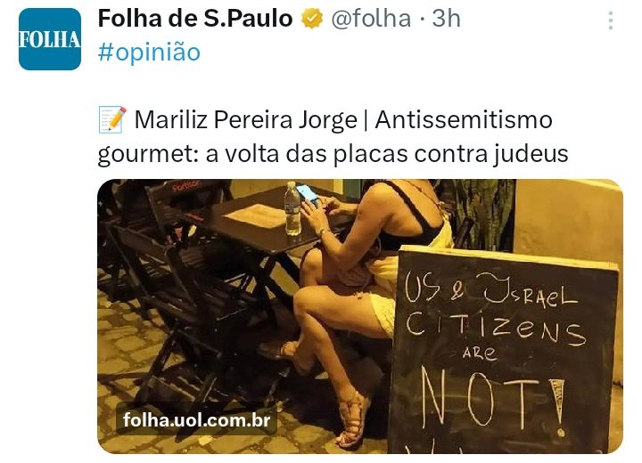 A indignação não é com as milhares de palestinos (homens, mulheres, crianças e idosos) assassinados por Israel em Gaza, e sim com um restaurante carioca que declara que cidadãos dos EUA e Israel não são bem-vindos.