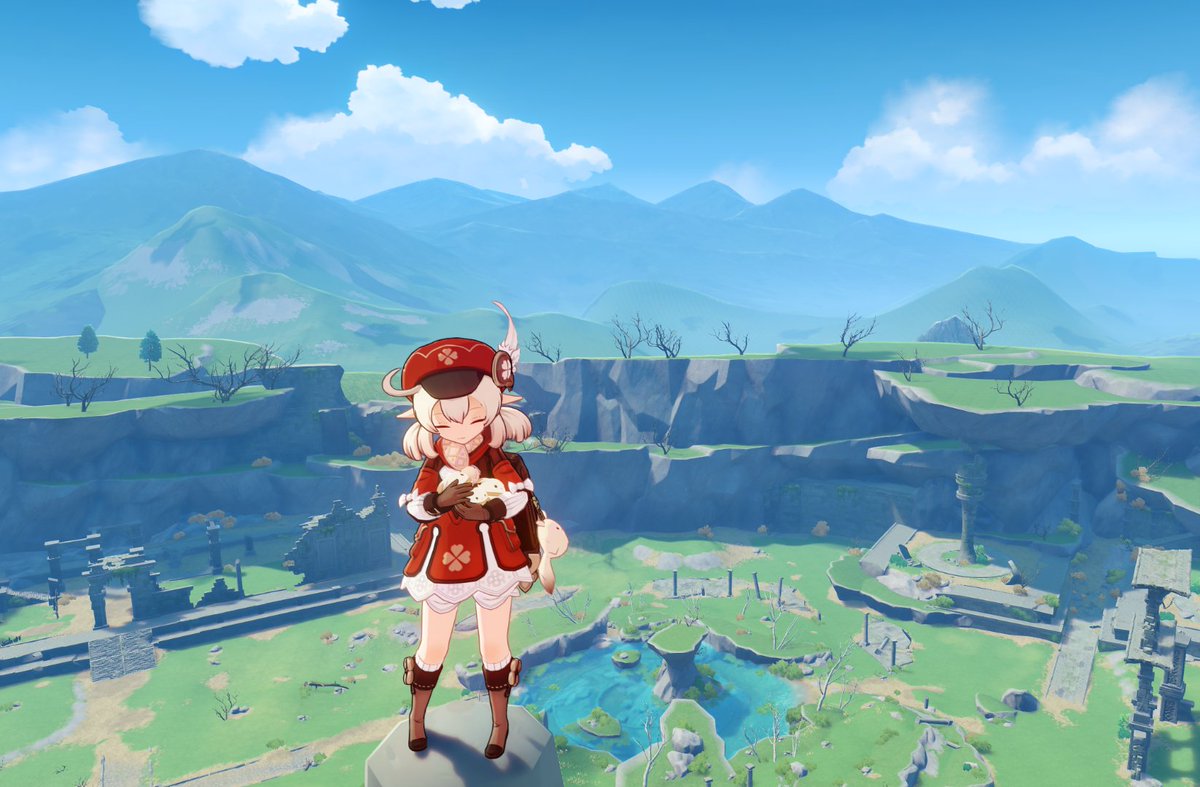 Moosashiden's tweet photo. These mountains in northern Mondstadt, part of Genshin Impact since 1.0, may be gone after 6.5 maintenance.

Klee is on her way to blow them all up so that Dornman Port can exist. https://t.co/6oqPx0MYmO