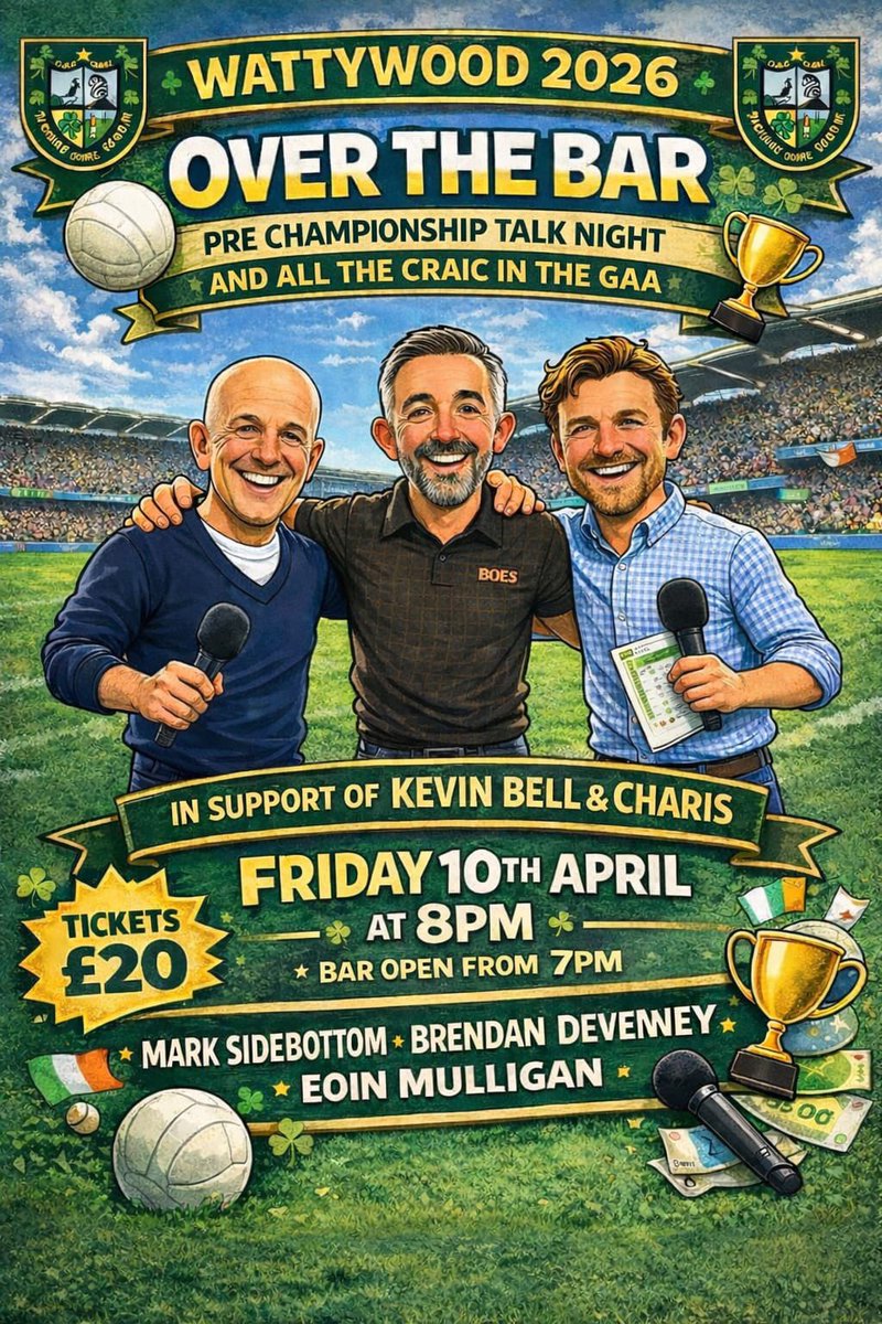 WattyGrahamsGAA's tweet photo. Sheena McGrath’s ‘Wattywood’ GAA chat night is on this Friday in the Glen Centre! 
Owen Mulligan, Brendan Devenny &amp; Mark Sidebottom chat Ulster championship and all things GAA craic!

https://t.co/g28dtq1YKN https://t.co/uk1BsBbB4e