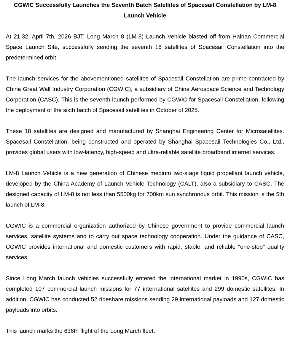 CGWIC's tweet photo. At 21:32, April 7th, 2026 BJT, Long March 8 (LM-8) Launch Vehicle blasted off from Hainan Commercial Space Launch Site, successfully sending the seventh 18 satellites of Spacesail Constellation into the predetermined orbit. The launch services are provided by CGWIC. https://t.co/3nq5X35icE