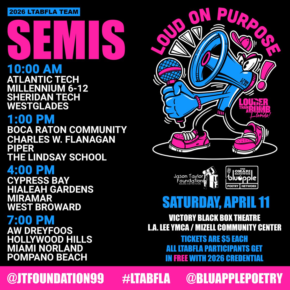 JTFoundation99's tweet photo. #LTABFLA Prelims are in the books &amp; we’re moving on to Semis! Congrats to the top 16 teams in the 2026 festival…you’re moving onward and upward! Semifinals take place this Saturday, April 11th at the @victorybbtymca. We hope to see you there! @bluapplePoetry @UKGInc @bbxcapital https://t.co/u47YdiZVzm