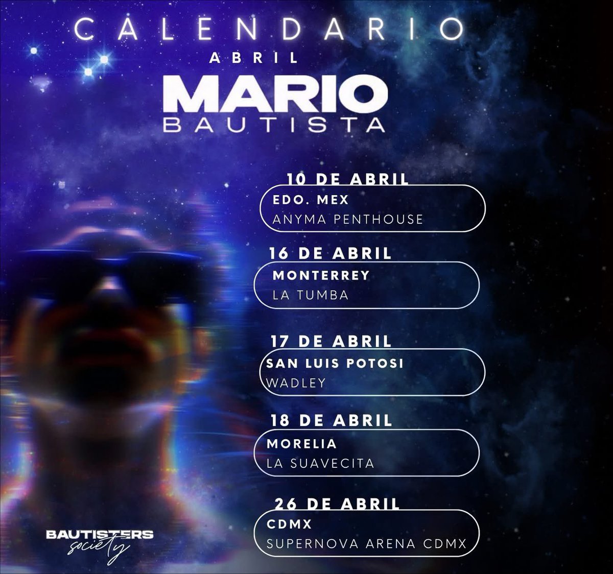 🗓️ AGENDA DE ABRIL | Mario Bautista 
Links de tickets: 
EDO. MÉX: passline.com/eventos/mario-…

MTY, MORELIA, SAN LUIS: 
linktr.ee/loverboytourmb…

SUPERNOVA: superboletos.com/landing-evento…
