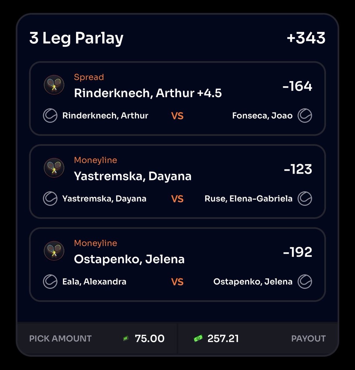 GhostEVplays's tweet image. 🎾 Dogg House Bonus Bet Play

🎾 +343 (FV +331.95)
+EV: 2.55%
Playing: $75 Bonus Bet

🌟 Got you a match of up to 100 in Dogg free cash on your first purchase, use code U-BRA-CAT-41 on signup!  snoopdogg.appsonair.link/U-BRA-CAT-41

#dogg #house #sports #tennis #atp #wta