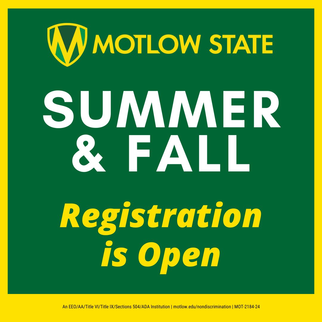 MotlowState's tweet photo. Registration for summer and fall 2026 is officially open. Build your schedule as soon as possible to secure the classes you need at the times you want.

Need help? Schedule an appointment with your Student Success Advisor at https://t.co/0CJOVyaD8d. https://t.co/rpI5ULKHkj
