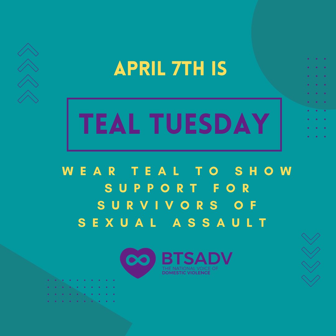 btsadv's tweet photo. This April, weโre shining a light on Sexual Assault Awareness Month. Join us for Teal Tuesday, where we wear teal to show our support for survivors & raise awareness about sexual violence. Letโs come together to break the silence & empower those affected. #TealTuesday #SAAM https://t.co/0mFyDkG8tO
