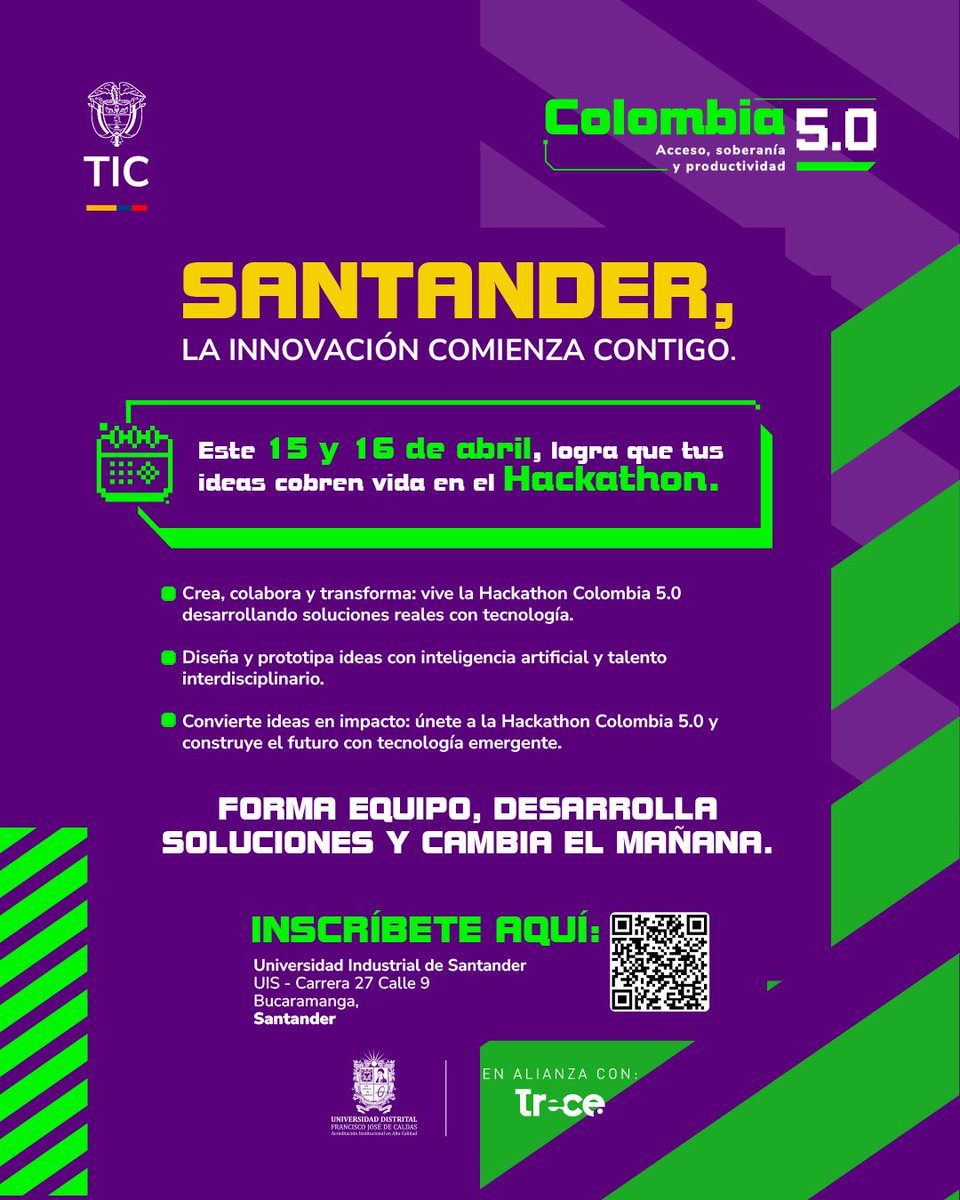 Col5punto0's tweet photo. Faltan 8 días para poner tus ideas a prueba

La Hackathon Colombia 5.0 es el espacio para crear, colaborar y desarrollar soluciones con impacto real.

📍 Universidad Industrial de Santander - UIS
📅 15 y 16 de abril

💡 Talento, tecnología y trabajo en equipo en acción https://t.co/bJLoScZn6x