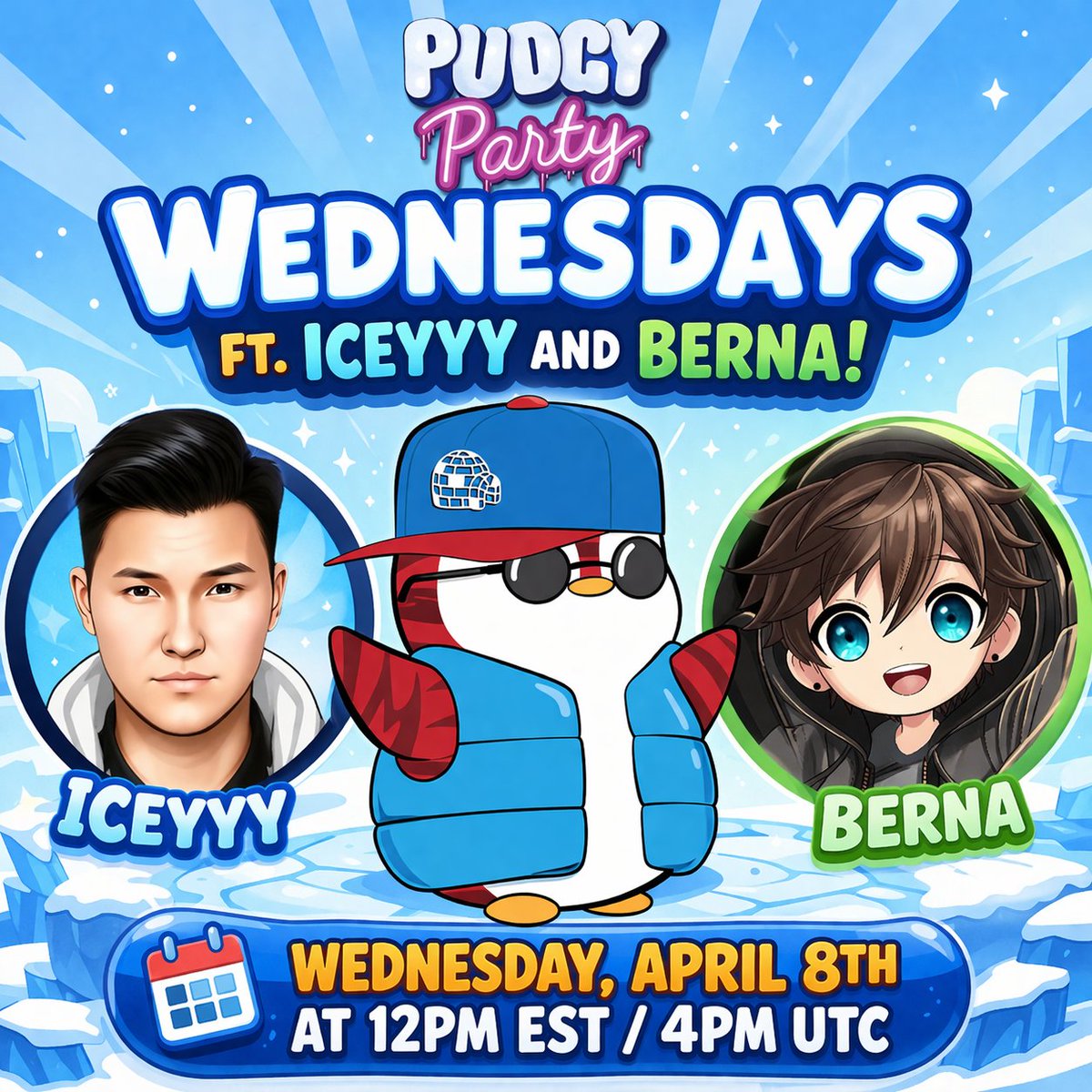 Pudgy Party Wednesdays! 

join me tomorrow at 12pm EST/4pm UTC with <a href="/iceyyy_gaming/">iceyyy</a> and <a href="/Berna7224/">Berna</a> for some games!

open to everyone! will be giving away 2500 $PENGU!

we'll be streaming it on X, twitch, and abstract!