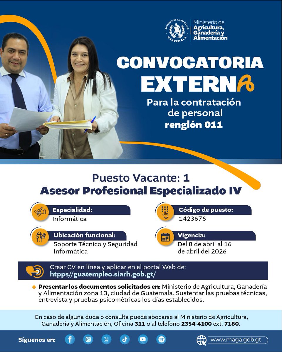 MagaGuatemala's tweet image. ¡Oportunidad de empleo 📢!

Si desea aplicar a estos puestos vacantes, ingrese aquí para ver los requisitos ➡️ guatempleo.siarh.gob.gt

El proceso es gratuito. Cualquier cobro o anomalía puede denunciarlo al 1557, #PNC 110 o #MP 2411-9191 📂 ☎