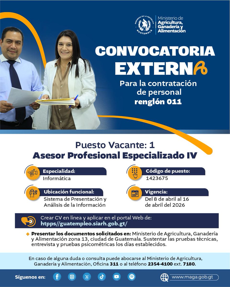 MagaGuatemala's tweet image. ¡Oportunidad de empleo 📢!

Si desea aplicar a estos puestos vacantes, ingrese aquí para ver los requisitos ➡️ guatempleo.siarh.gob.gt

El proceso es gratuito. Cualquier cobro o anomalía puede denunciarlo al 1557, #PNC 110 o #MP 2411-9191 📂 ☎