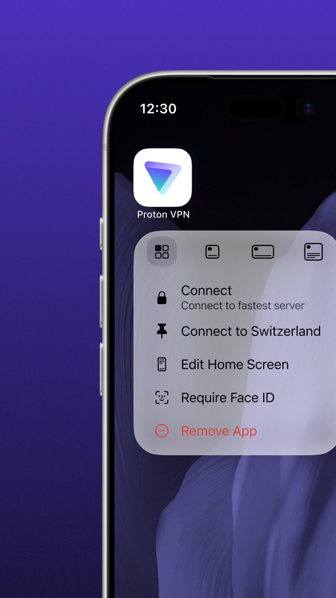 ProtonVPN's tweet image. Your VPN should fit into your workflow, not interrupt it.

Our iOS app now has updated Shortcuts and Quick Actions: connect via Siri, automate based on your location, or long-press for instant access.