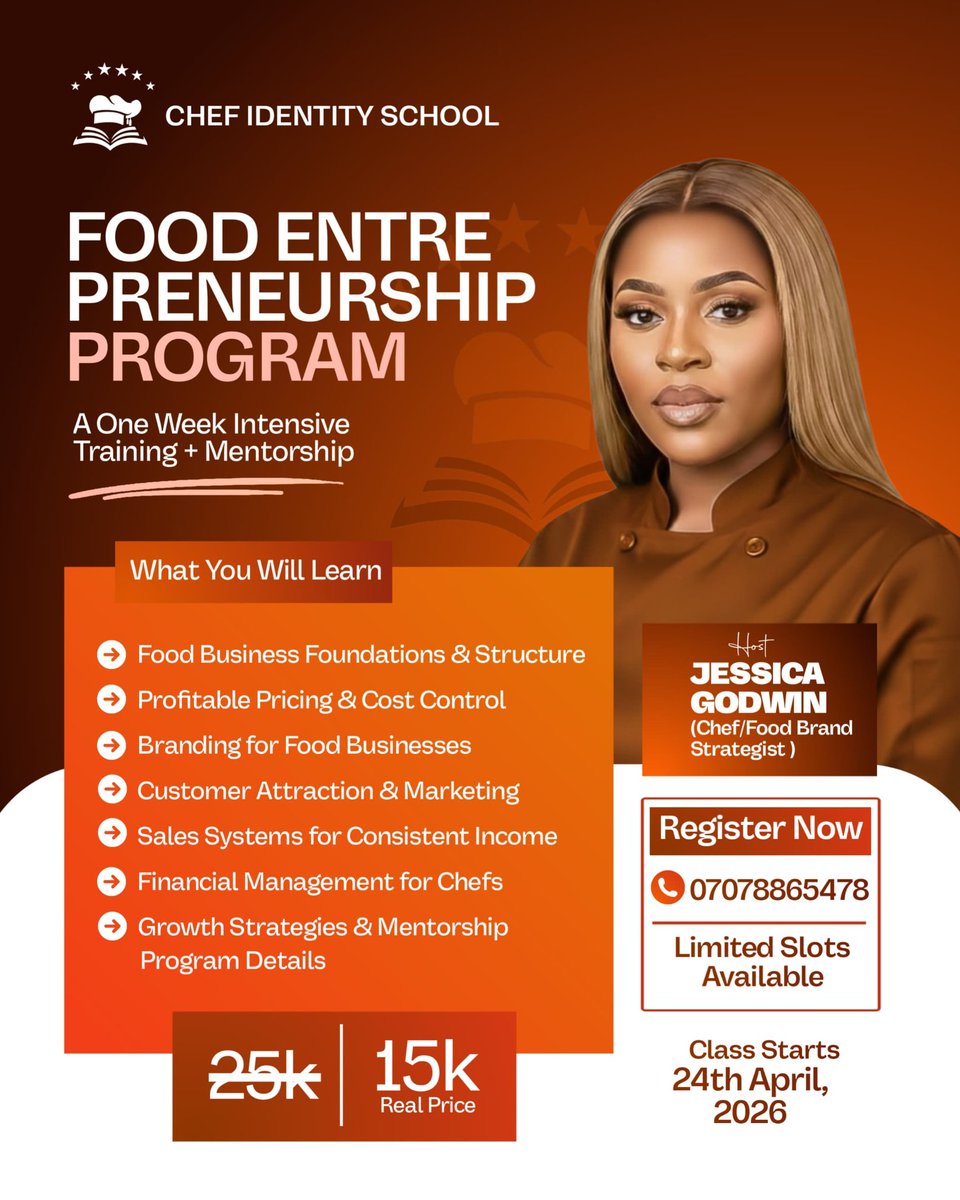 IAMCHEFJESSY_'s tweet image. The gap between knowing how to cook and knowing how to run a food business.
Nobody taught you how to price your work without feeling guilty.
Nobody taught you that without structure, even the most talented chef stays broke.
Check the flier. Send A DM.
#Chef