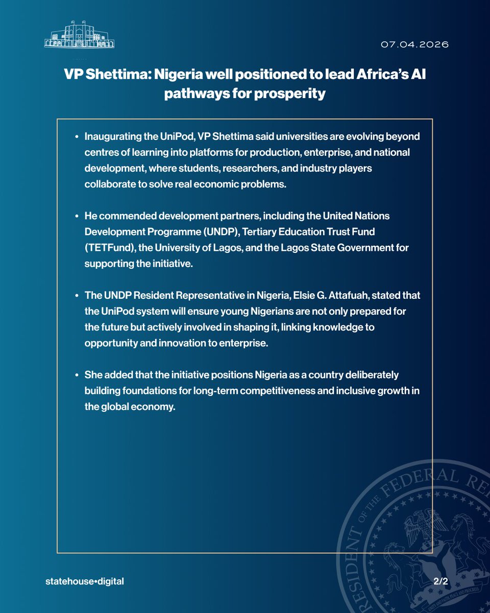 VP Shettima: Nigeria well Positioned to lead Africa's AI pathway for prosperity.

<a href="/asovilladigital/">State House Abuja, Nigeria</a> | <a href="/officialSKSM/">Senator Kashim Shettima</a>