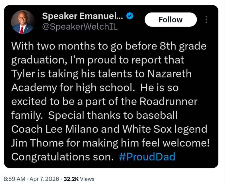 DonTracyForIL's tweet photo. Juliana Stratton's friend and ally Chris Welch is bragging about his son heading to private school for high school.  Just a reminder that Stratton and her boss, JB Pritzker, are actively blocking the same opportunity for IL working families.

Stratton has still not disavowed Pritzker's claims that the federal education tax credits would go to promoting “crazy notions,” including teaching children that “gay people are evil, that ‘the KKK was fighting against the decline of morality,’” and “that white supremacy is God’s will.”  (Comments that are not only viciously extreme and totally detached from reality, but also show their total distain for parents and private schools).