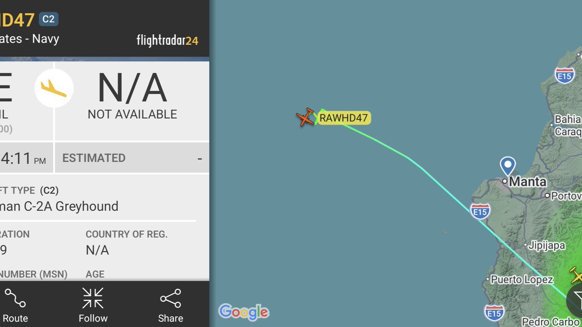 n_larenas's tweet image. Posición aproximada del portaviones USS Nimitz frente a las cosas de Ecuador, actualmente cerca de #Manta. Varias aeronaves han realizado misiones el día de hoy en el país.
