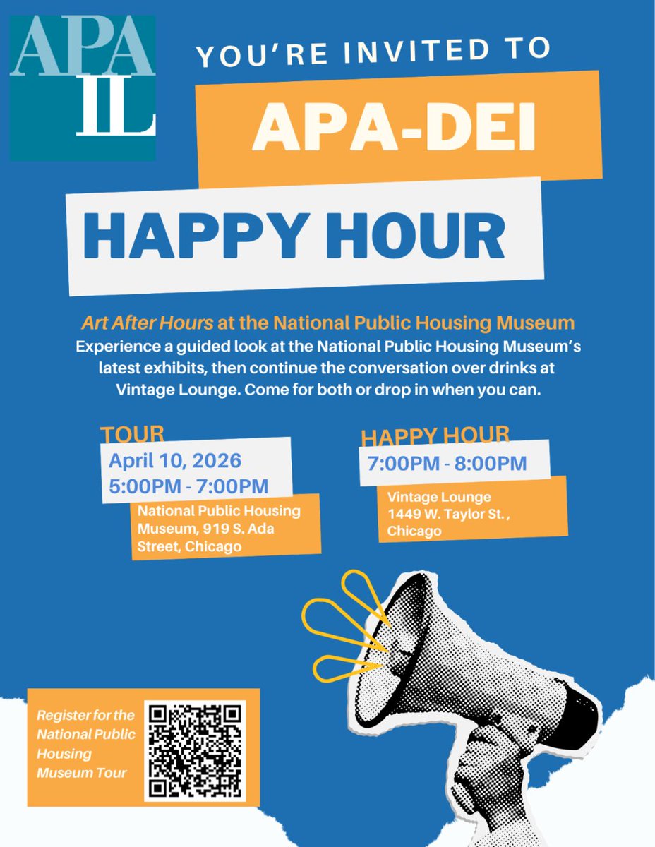 APAIL's tweet photo. Experience a guided look at the National Public Housing Museum with APA-IL's DEI Committee! Join us for a tour, Our Streets Our Stores on 4/10/26 (RSVP required https://t.co/ALzgKVEo2w) and then a casual social hour at the Vintage Lounge. Come for both or drop in when you can! https://t.co/THircsukt2