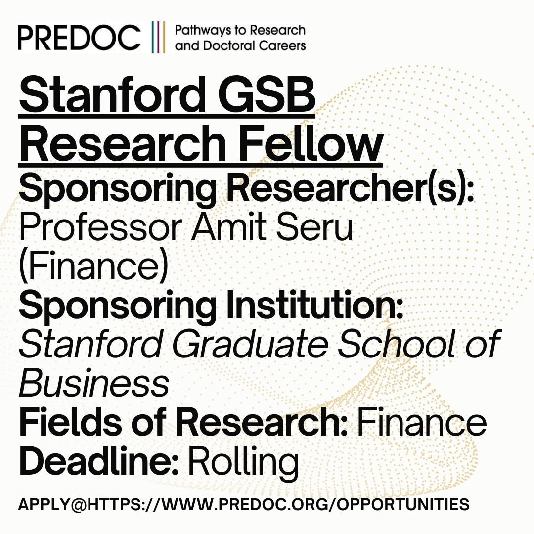 predoc_org's tweet image. Pre-doc opening in finance at @StanfordGSB 🥳
Learn more at: bit.ly/4mqx1UT