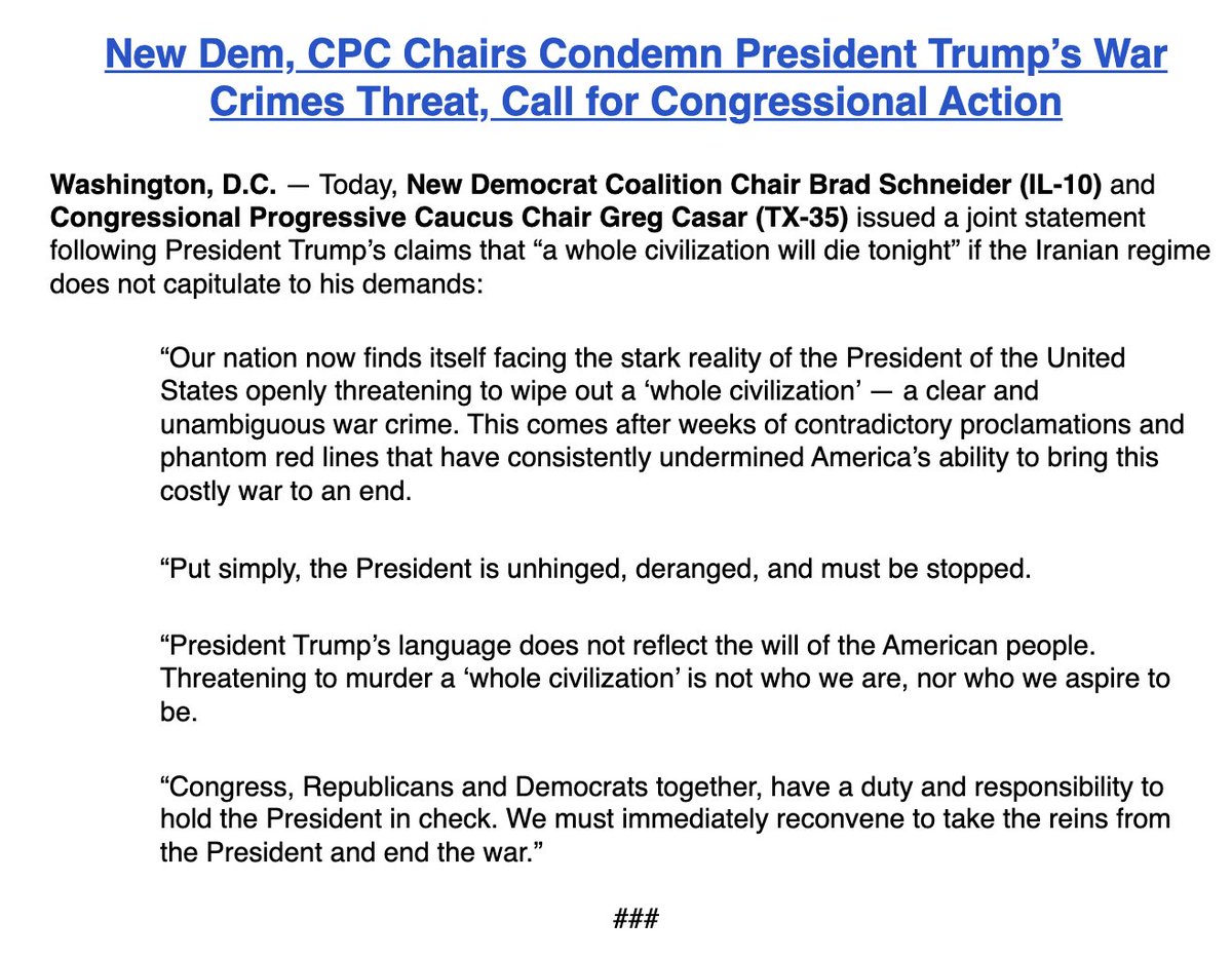 AndrewSolender's tweet photo. Rare joint statement from center-left New Democrat Coalition chair Brad Schneider and Progressive Caucus chair Greg Casar on Trump's Iran comments.

"Put simply, the President is unhinged, deranged, and must be stopped." https://t.co/zpXebD7NcW