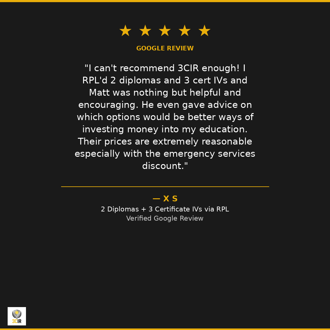 3CIR1's tweet photo. "I can't recommend 3CIR enough! I RPL'd 2 diplomas and 3 cert IVs and Matt was nothing but helpful and encouraging. Their prices are extremely reasonable especially with the emergency services discount."

— X S, verified Google Review

Find out what you're eligible for — it's fre https://t.co/KhxKNffkur