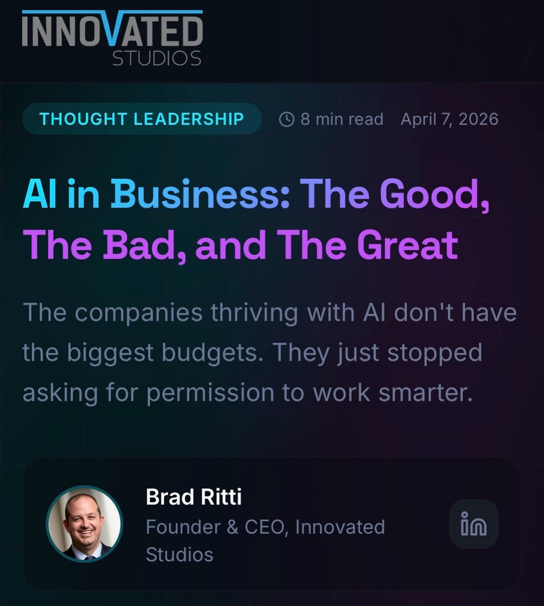 AI gets us to the starting line faster.
Our people still run the race.
That’s how we use technology at Innovated Studios.
#InnovatedStudios #AI #Innovation

innovatedstudios.com/blog/ai-good-b…