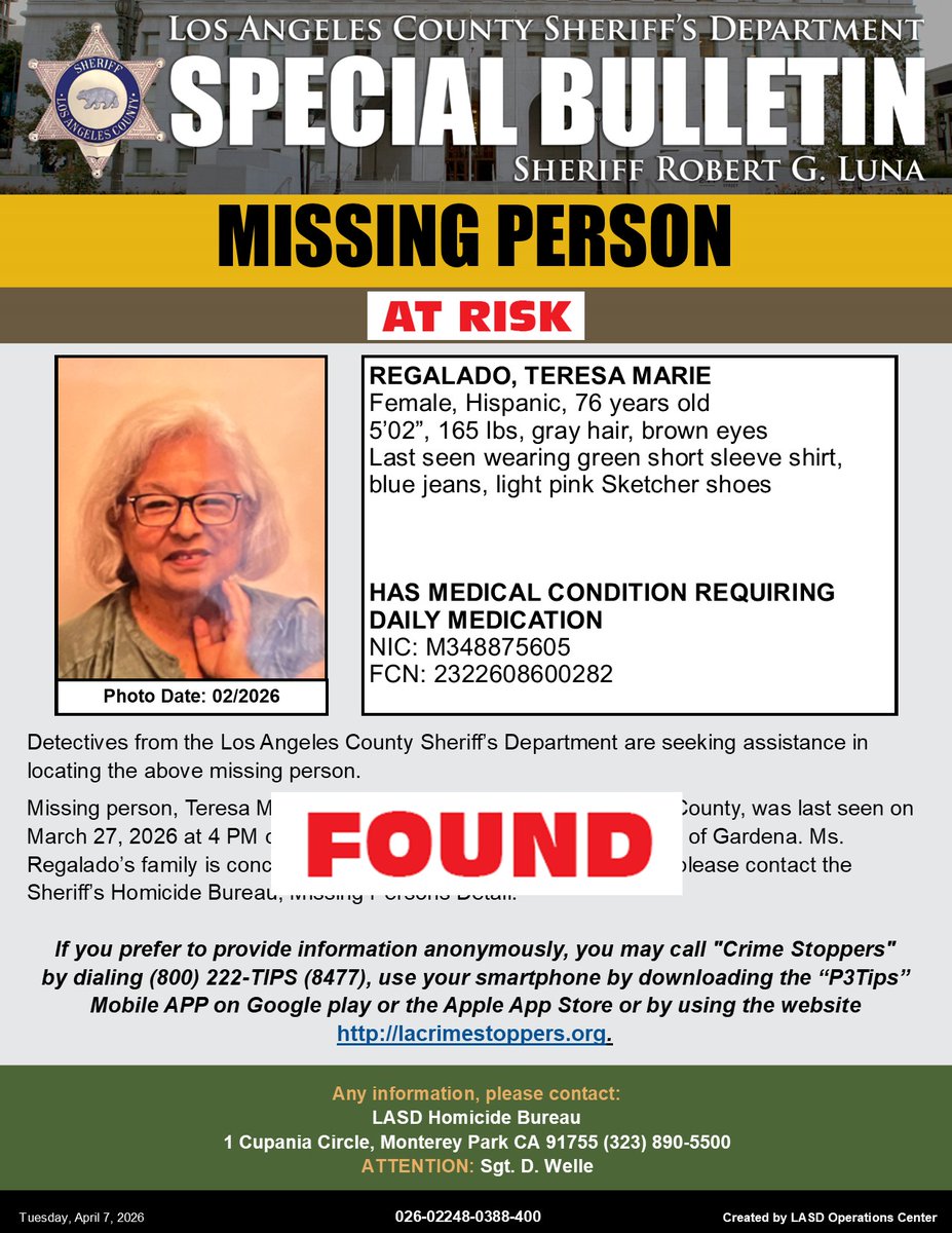 LASDHQ's tweet image. *UPD FOUND* #LASD is Asking for the Public’s Help Locating At-Risk Missing Person, Teresa Marie Regalado #Gardena - local.nixle.com/alert/12313097/