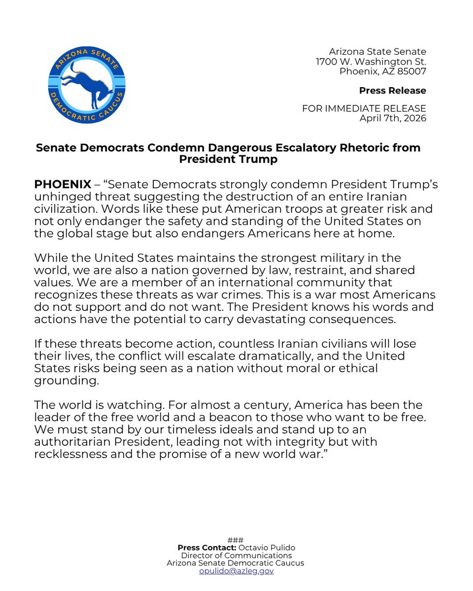 AZSenateDems's tweet image. 🚨 PRESS RELEASE: Senate Democrats Condemn Dangerous Escalatory Rhetoric from President Trump. 

Threats like the ones made against the entire Iranian civilization put American troops at risk abroad but also endangers citizens here at home. 

#AZleg #democrats #nowar