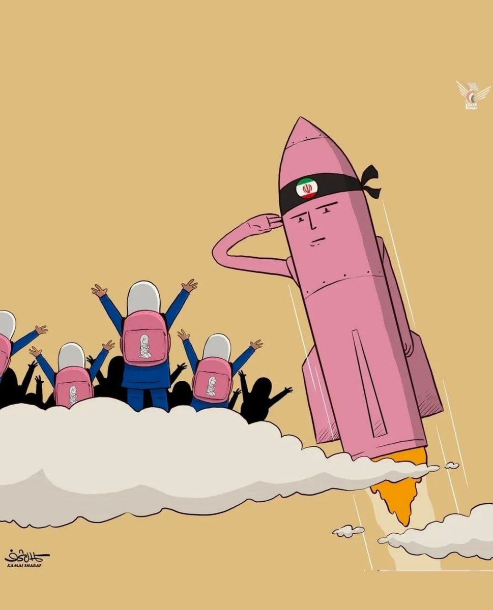 IRANinKENYA's tweet photo. An Iranian Pink Missile launched toward Tel Aviv – saluting to the young girls martyred at the school in Minab.

Brilliant artwork by Kamal Sharaf, a Yemeni cartoonist.

In memory of the 168 schoolgirls who were brutally killed when the US struck their school in Minab, Iran with Tomahawk missiles.

Thank you, @kamalsharf