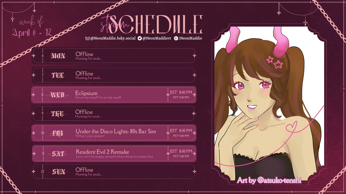 ❤️‍🔥 Schedule for 4/6 - 4/12 ❤️‍🔥

sorry i'm late!!! eto bleh....

#ENVtuber #Vtubers #Vtuber