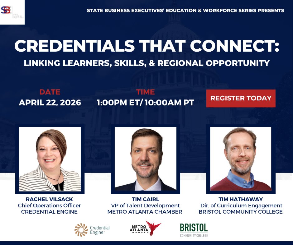 StateBizExecs's tweet image. What if learners could easily find which credentials lead to real jobs in their region &amp;amp; businesses could clearly see the skills behind those credentials? That future is closer than you think. Join SBE on April 22 to learn how! statebusinessexecutives.org/events/