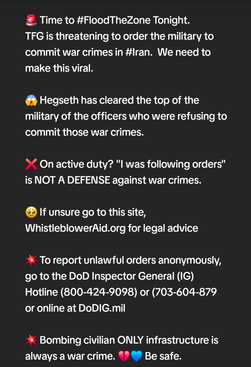 schachin's tweet image. 🚨 #Share #Alert 
Please share this wide and far. If someone is in the military here are the numbers to call for legal advice about what to do when you're giving an awful order. 

And the information you need to report illegal orders. 

💥 This is where you can find both.