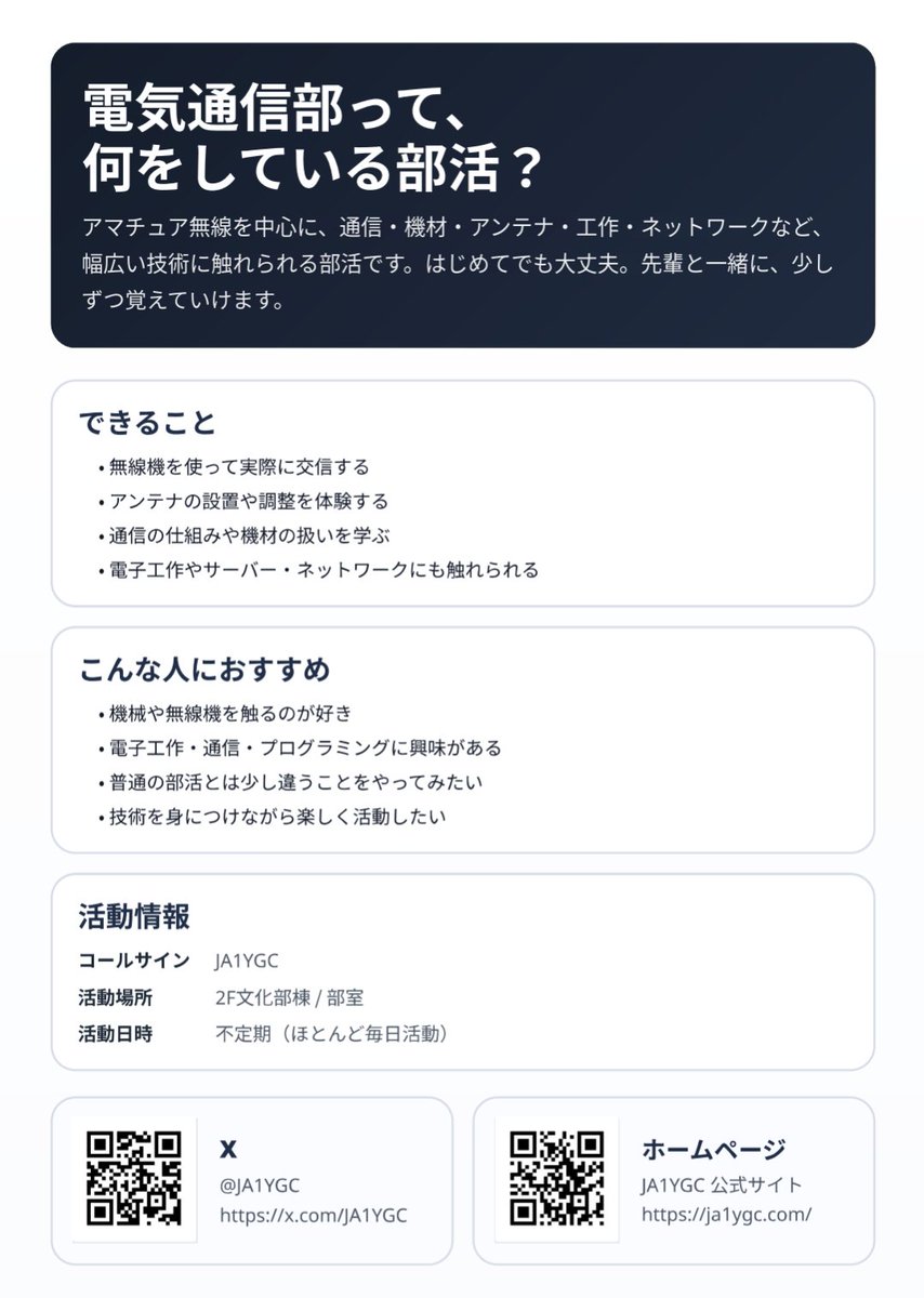 JA1YGC's tweet photo. 今年度の勧誘チラシです！まだ勧誘期間でないので私たちから配ることはできませんが、希望する産技生にはお渡しします！ https://t.co/CasnKmQRHN