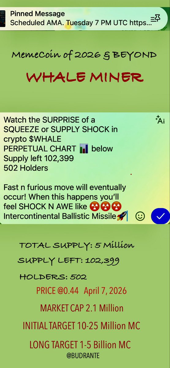 BudRante's tweet image. #initial run up $WHALE Miner
Utility: PREDICTION MARKET

FYI: 
U missed previous #memecoins
$DOGE $SHIB $SAITAMA $PEPE

Your chance still very early
Only 2.6 million MC
Under 94,000 left in supply out of 5 million

Don’t get left behind
#CRYPTONews #crypto @YahooFinance 
@cnnbrk
