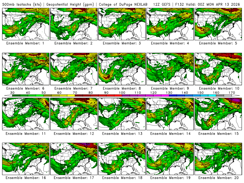 Drewshearer444's tweet photo. 1/ While I've seen too many posts involving deterministic model runs attempting to diagnose severe weather potential for the upcoming sequence. To provide perspective, here's the Sunday/Monday 12z GEFS 500mb flow for each member. Even close to the event, there's a large spread. https://t.co/WOmb3rthO0
