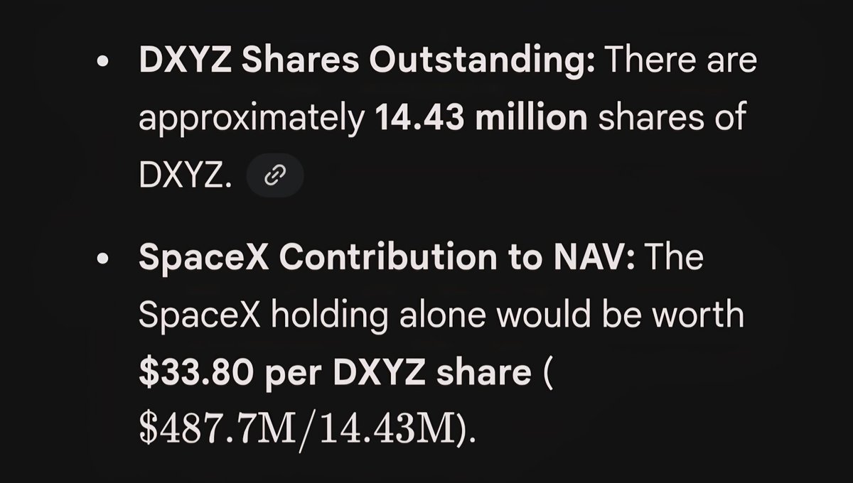 traderjon01's tweet image. $DXYZ - I am long and super bullish on this stock!

🛟 Float is 14.43 million shares outstanding.

🌌 They own 480,000 shares of #SpaceX at an average price per share of $175 (estimates have it between $150-$220). 35-50% of their holdings.

📍 SpaceX IPO is SpaceX and XAI in one.