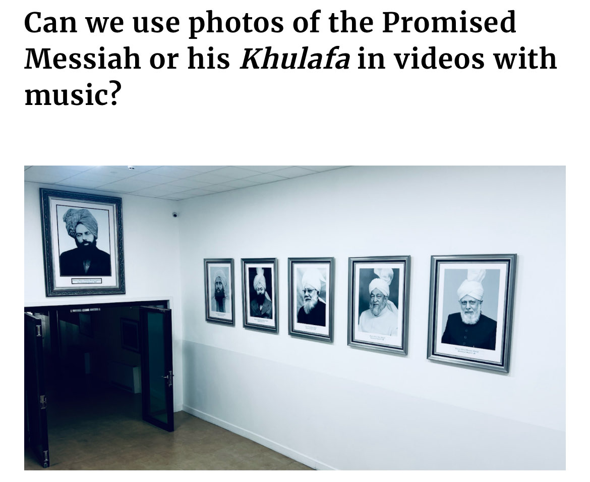 ‼️ REMINDER ‼️

Hazrat Khalifatul Masih V (aba) has very clearly stated:

“it is absolutely 𝗻𝗼𝘁 𝗽𝗲𝗿𝗺𝗶𝘁𝘁𝗲𝗱 to include photographs of the Promised Messiah (as) or his Khulafa in videos where music, etc., is playing.

(1/3)