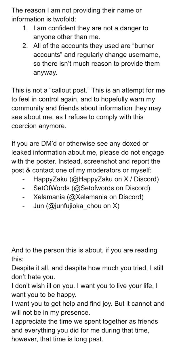 HanamiLillie's tweet photo. announcement / community warning

tl;dr I have been experiencing blackmail from a previous community member.
I am choosing to stand up for myself and block this person fully, and fear they will dox me, as they’ve threatened to. 
Please be aware. 
Thank you. https://t.co/OnwwyTak1u