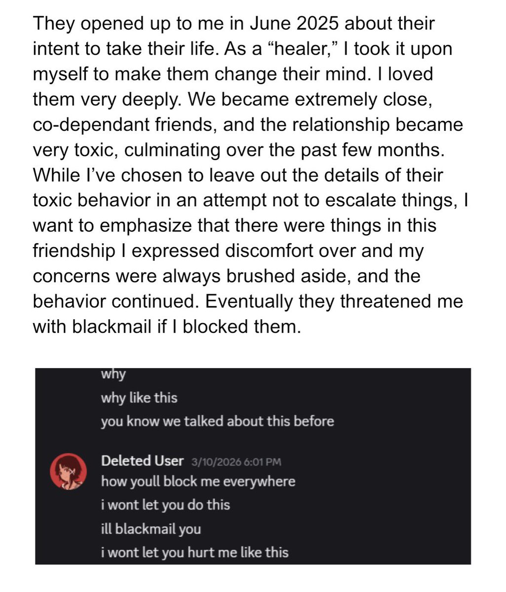 HanamiLillie's tweet photo. announcement / community warning

tl;dr I have been experiencing blackmail from a previous community member.
I am choosing to stand up for myself and block this person fully, and fear they will dox me, as they’ve threatened to. 
Please be aware. 
Thank you. https://t.co/OnwwyTak1u