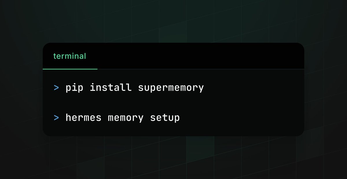 Literally this is all it takes to setup supermemory in your Hermes Agent by <a href="/NousResearch/">Nous Research</a>