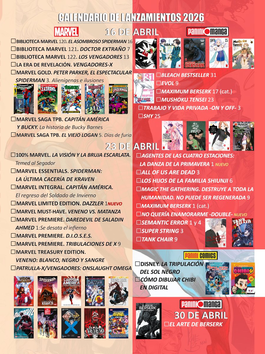 PaniniComicsEsp's tweet photo. 🗓️Checklist para tener a mano todos los lanzamientos de Panini Cómics en abril.

#PaniniDC #PaniniMarvel #PaniniManga #PaniniConan #PaniniComics #Abril2026 https://t.co/4hz0bkiIy7