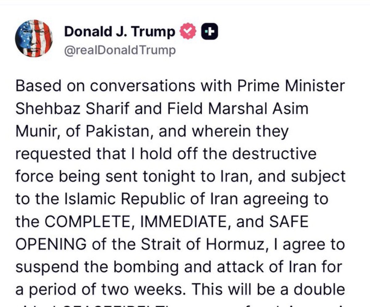 haskologlu's tweet photo. 🔴#SONDAKİKA | TRUMP: 

İRAN’A YÖNELİK BOMBALAMA VE SALDIRILARI 2 HAFTALIK BİR SÜRE İÇİN ASKIYA ALMAYI KABUL EDİYORUM. https://t.co/0OYYKvPLOq
