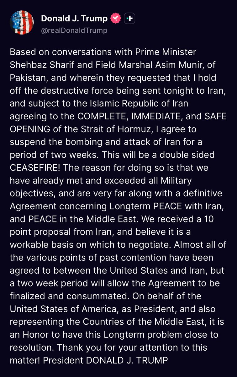 ItsMatthewJoyce's tweet photo. BREAKING: Trump has agreed to a two week ceasefire with Iran https://t.co/lysocshYT6