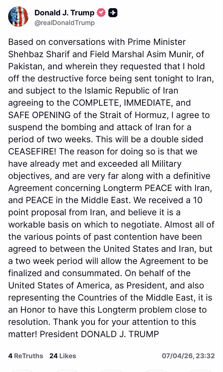 ContraInvest's tweet photo. El guion que se preveía en las últimas horas se cumple. Tras la propuesta de Pakistán, Trump anuncia un cese de las hostilidades por 2 semanas si Irán confirma apertura estrecho de Ormuz. El mercado ya celebra pero contenido a la espera de la respuesta iraní. https://t.co/cgPJPoughX