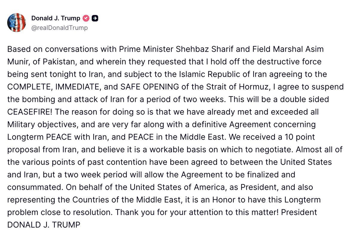 WarFrontWitness's tweet photo. ⚡️🇺🇸🇮🇷 BREAKING: President Trump says he will suspend attacks on Iran for two weeks https://t.co/smNeYY9hgO