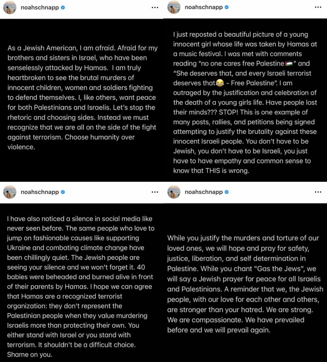 ReddCinema's tweet photo. Noah Schnapp shares statement on Israel and Palestine: 

“You either stand with Israel or you stand with terrorism. It shouldn’t be a difficult choice. Shame on you.” https://t.co/cvjhUPL6Nv