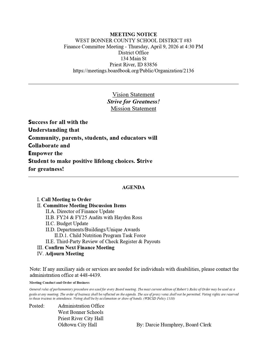 Hello and happy Tuesday!
Please see attached the Agenda for the upcoming Finance Committee meeting that will be Thursday, April 9th at 4:30, here at the District Office.
Thank you and see you then!